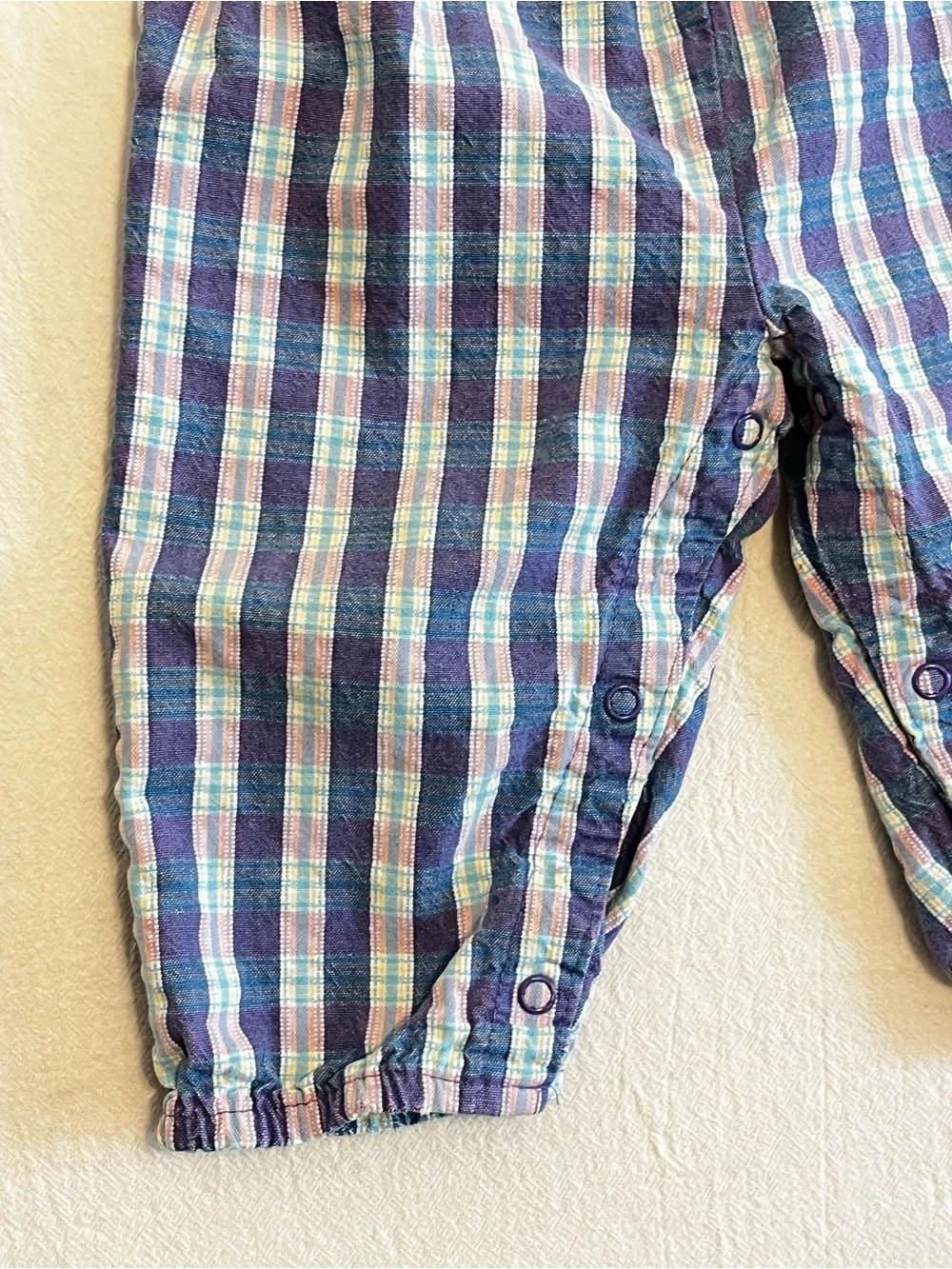 Vintage OshKosh B’Gosh 90s Plaid Overalls Baby USA Made Pink Blue Snap Romper
